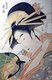Japan: A courtesan or oiran holding a fan while adjusting her elaborate hair ornaments. Kitagawa Utamaro (1753-1806)